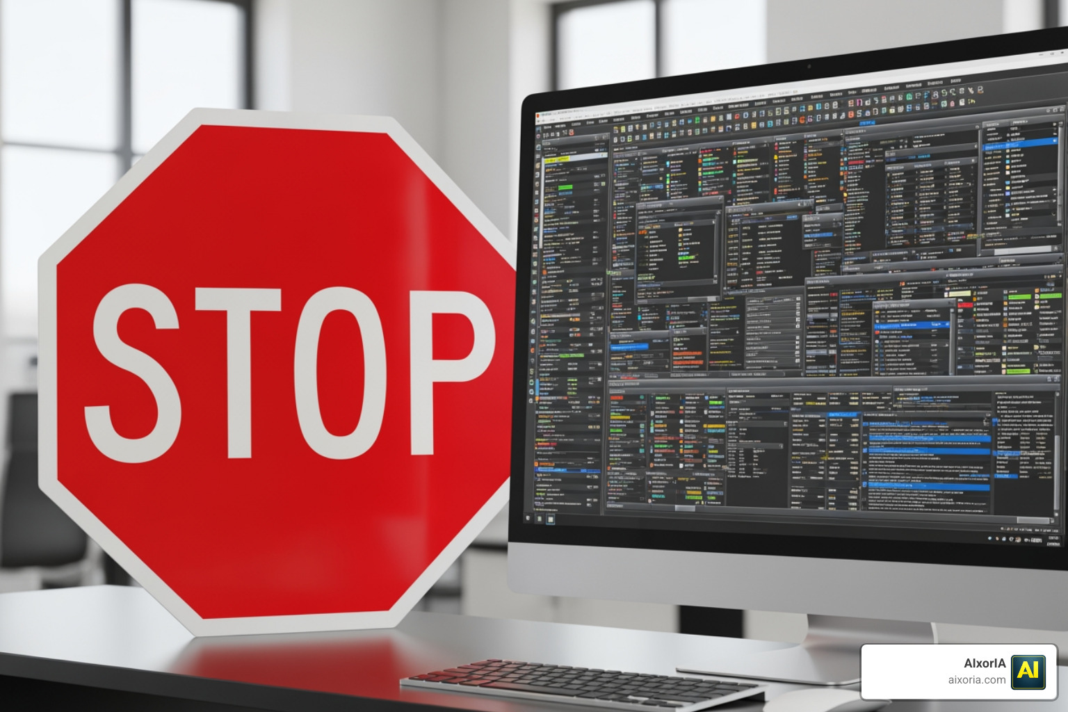 A stop sign next to a confusing, overly complex software interface A stop sign next to a confusing, overly complex software interface