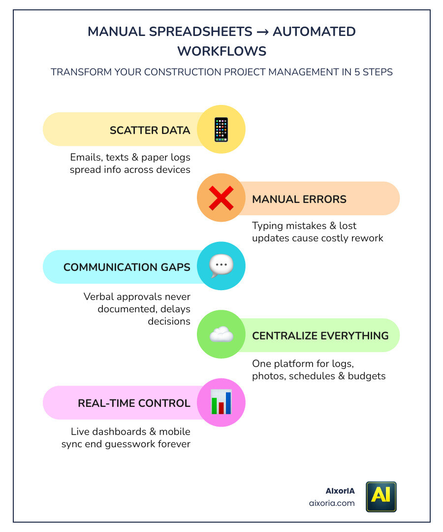 Transition from manual spreadsheets to automated construction project management workflows for small business infographic