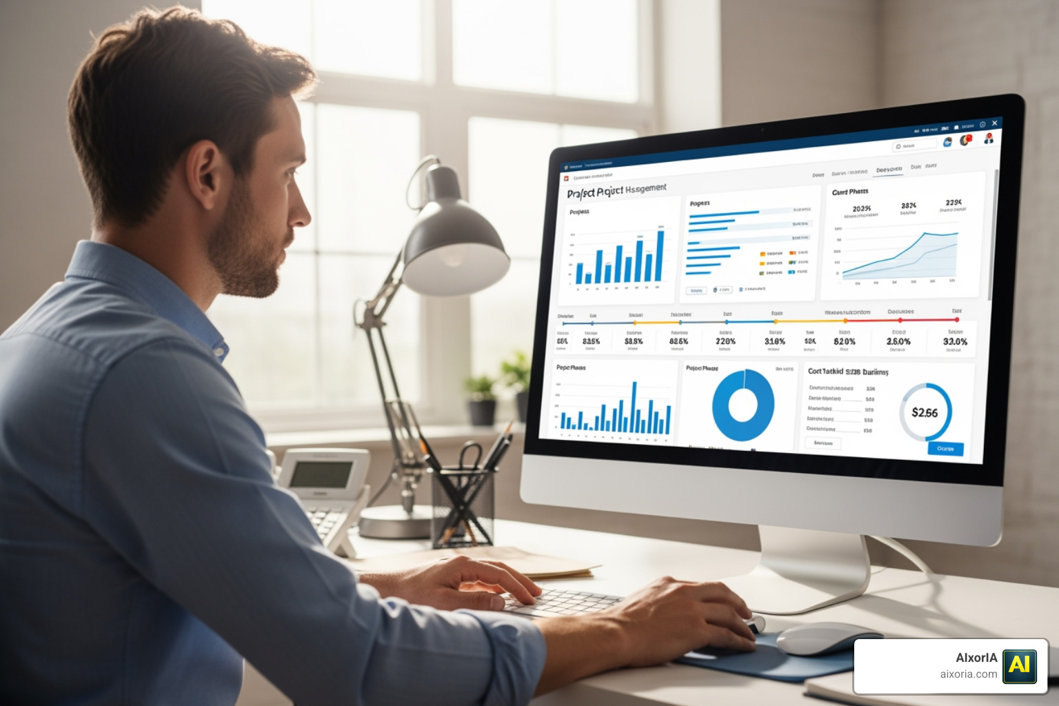 A project manager reviewing a digital dashboard for construction project management software for small business