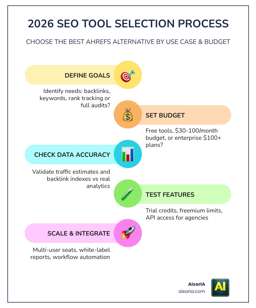 Comparison infographic showing 2026 SEO tool selection process by use case, budget, and features infographic