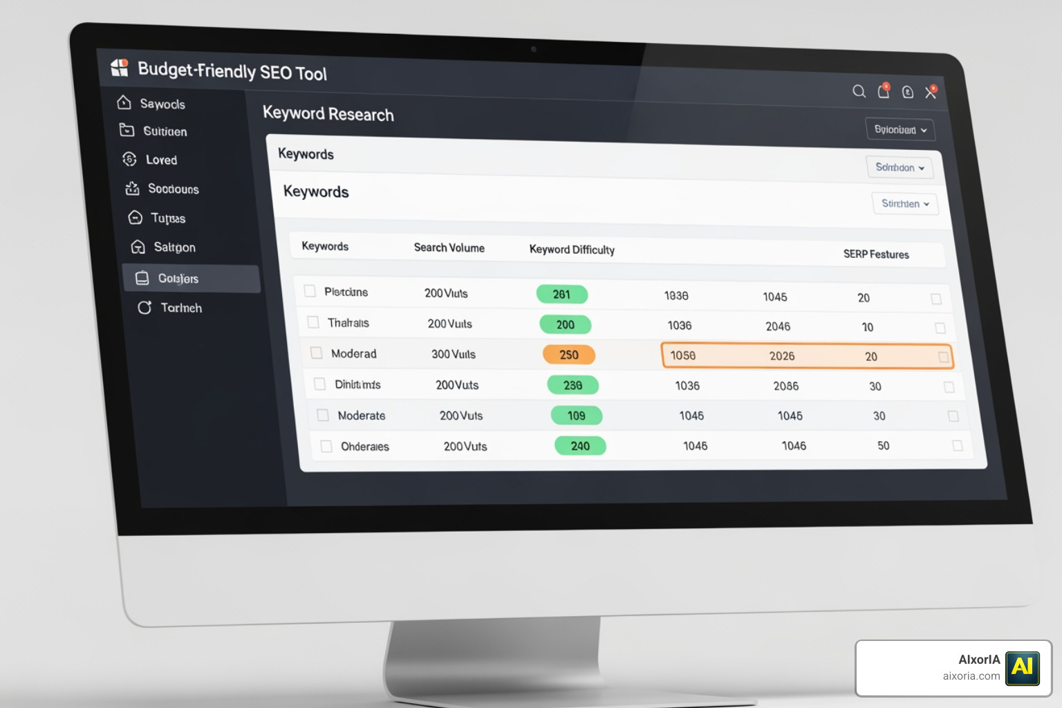 UI screenshot of a budget-friendly SEO tool dashboard showing keyword difficulty scores
