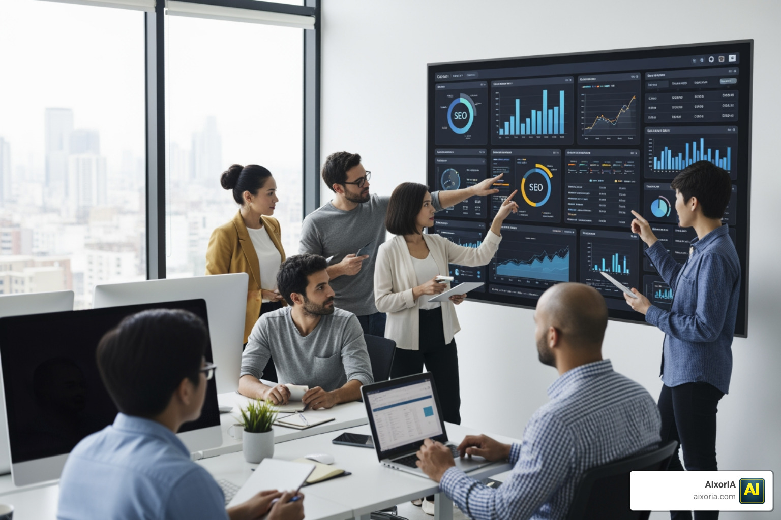 Marketing team looking at a large screen with SEO data visualizations