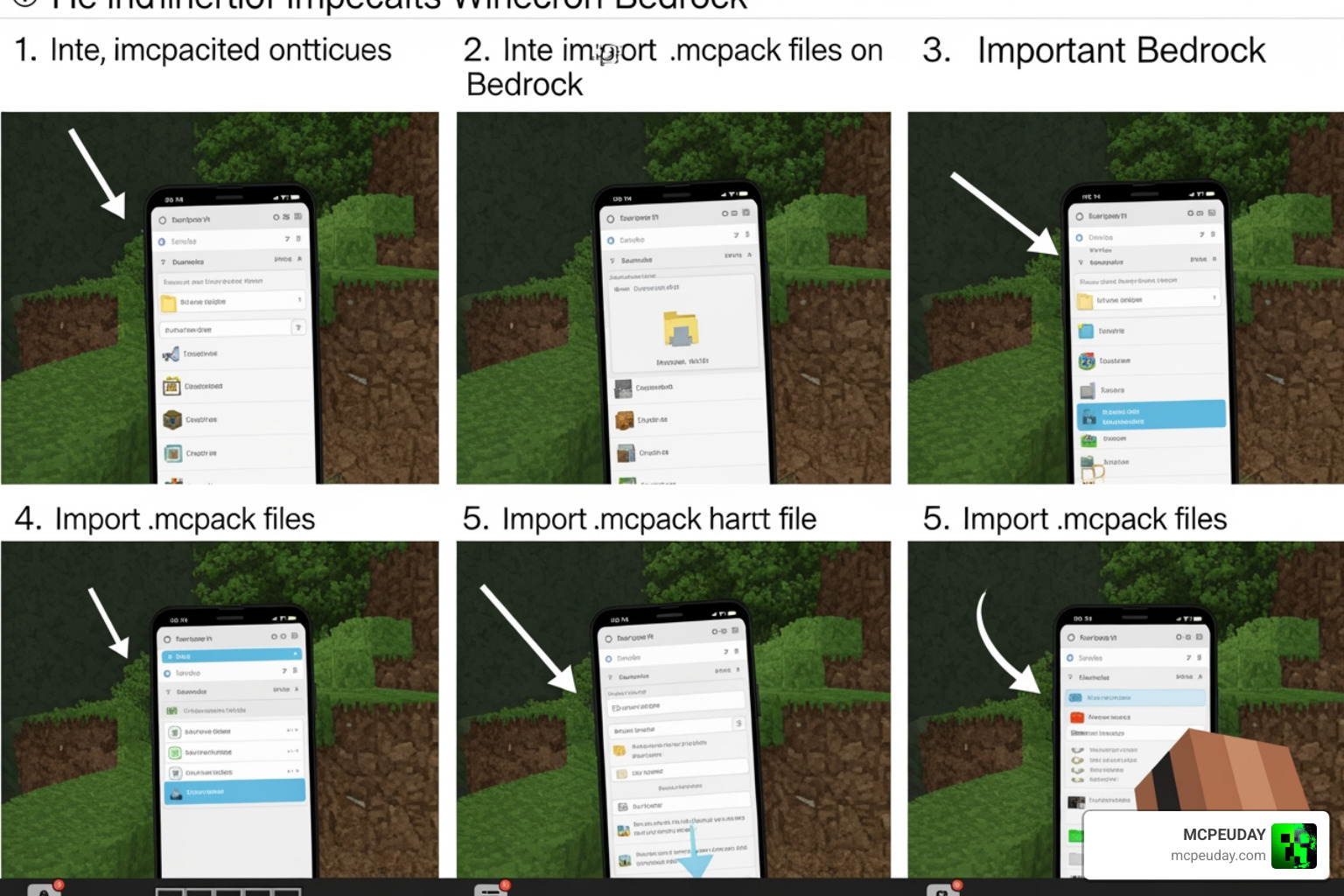 Step-by-step guide showing the import process of .mcpack files into Minecraft Bedrock Step-by-step guide showing the import process of .mcpack files into Minecraft Bedrock