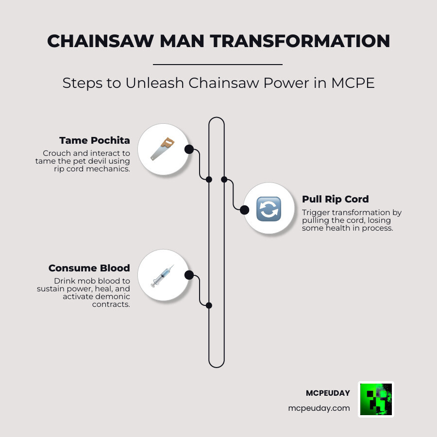 Chainsaw Man mod mcpe transformation steps infographic for Minecraft Bedrock Edition infographic