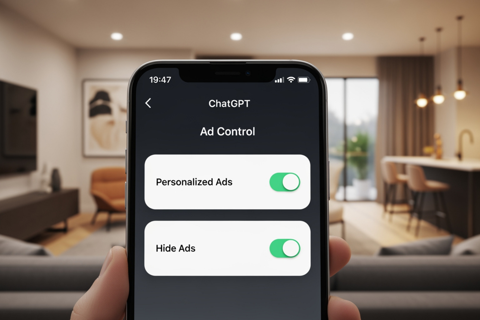 mobile ad controls interface showing options to toggle personalization and hide ads