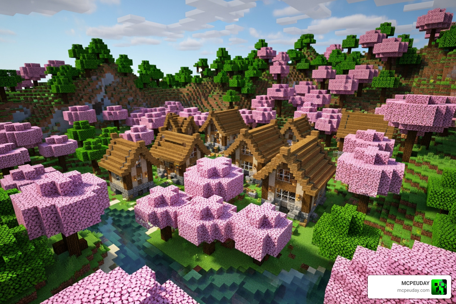 A lush Cherry Grove biome surrounding a quaint village nestled in a mountain valley