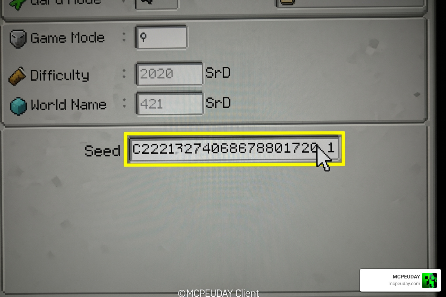 Screenshot of the Minecraft PE world creation screen highlighting the seed entry field