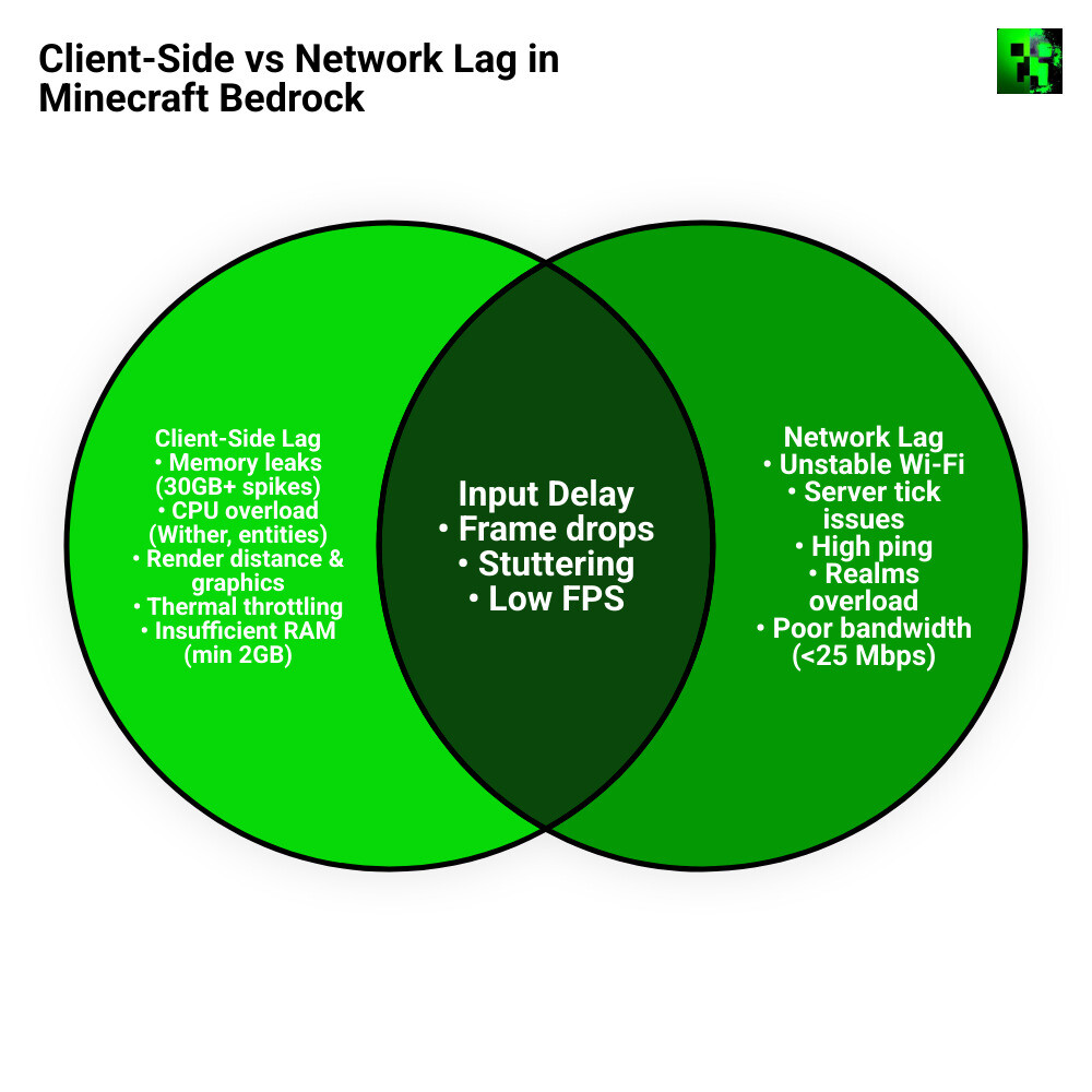 Common causes of Minecraft Bedrock lag: client-side vs network lag infographic infographic