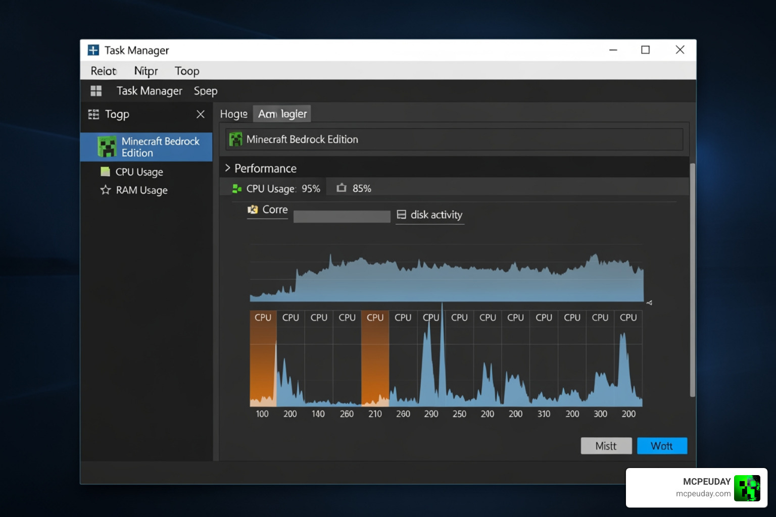 Task Manager showing high CPU and RAM usage during Minecraft gameplay