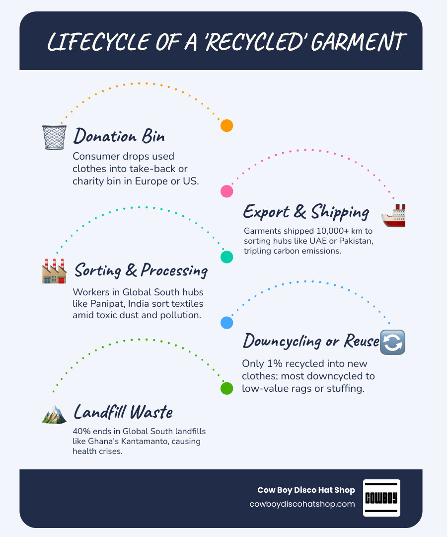 Lifecycle of a recycled garment from donation bin to Global South landfill infographic Lifecycle of a recycled garment from donation bin to Global South landfill infographic