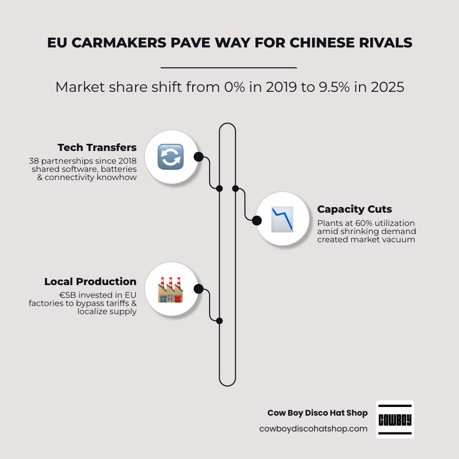 Infographic showing EU vs Chinese EV market share growth 2019 to 2025 and key causes of the shift infographic