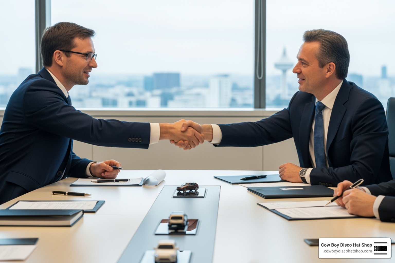 European and Chinese executives at a joint venture signing ceremony for EV technology