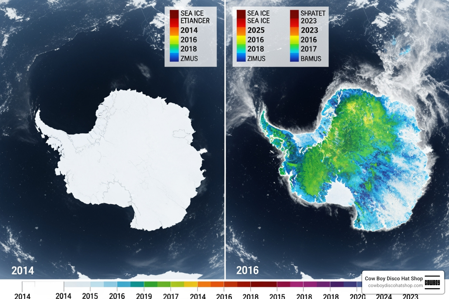 Satellite imagery composite showing the expansion of ice through 2014 followed by the dramatic 2016-2023 retreat