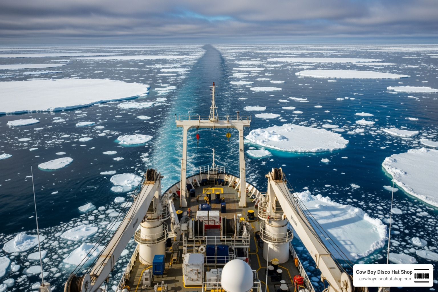 A scientific research vessel navigating through fragmented sea ice in the Southern Ocean
