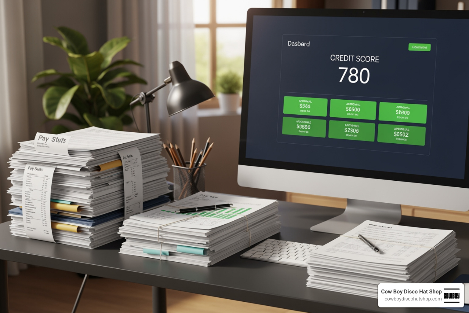 Organized financial documents and a high credit score dashboard