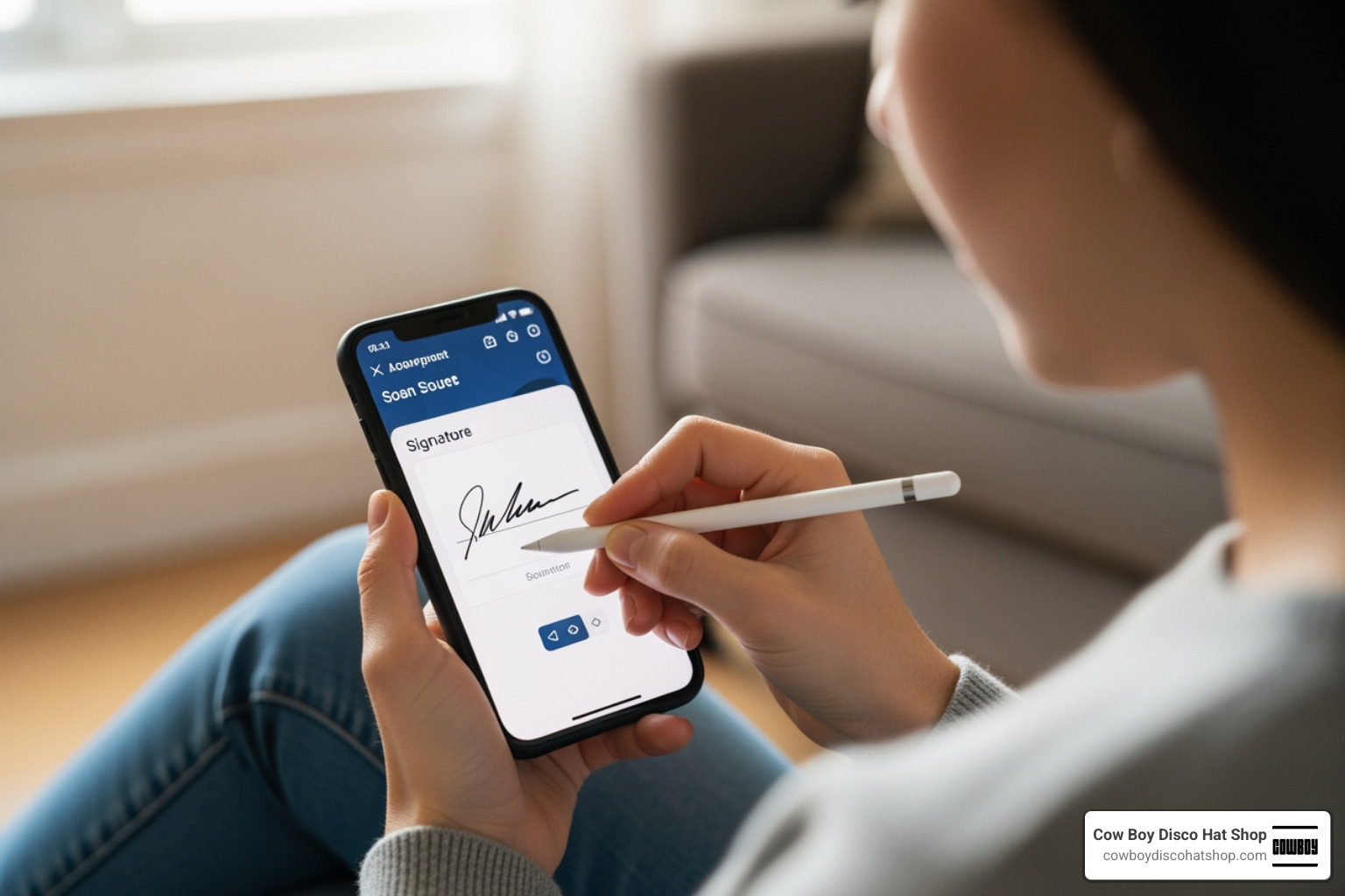 A person signing a loan agreement on their smartphone