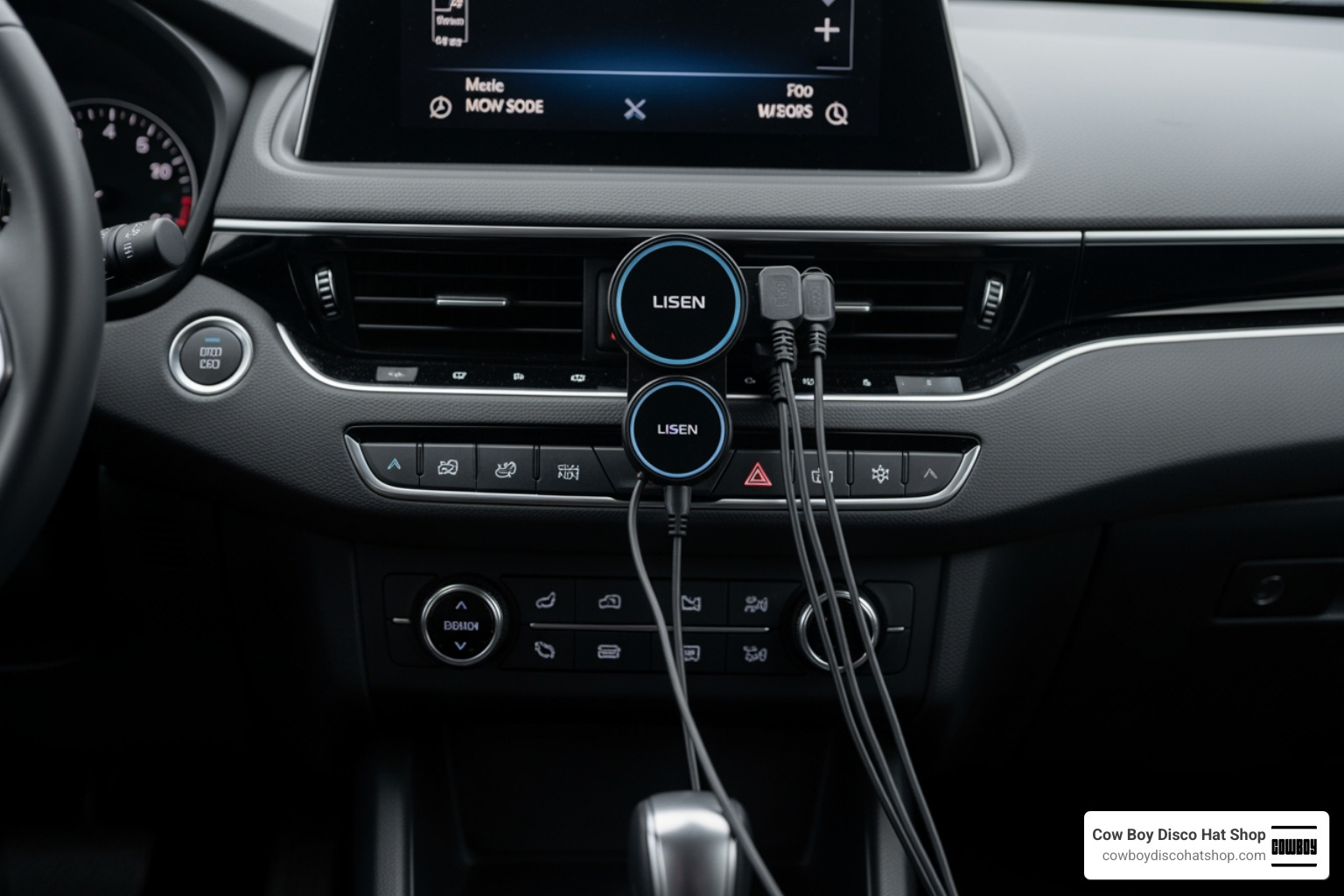 LISEN retractable car charger plugged into a vehicle dashboard with multiple cables extended