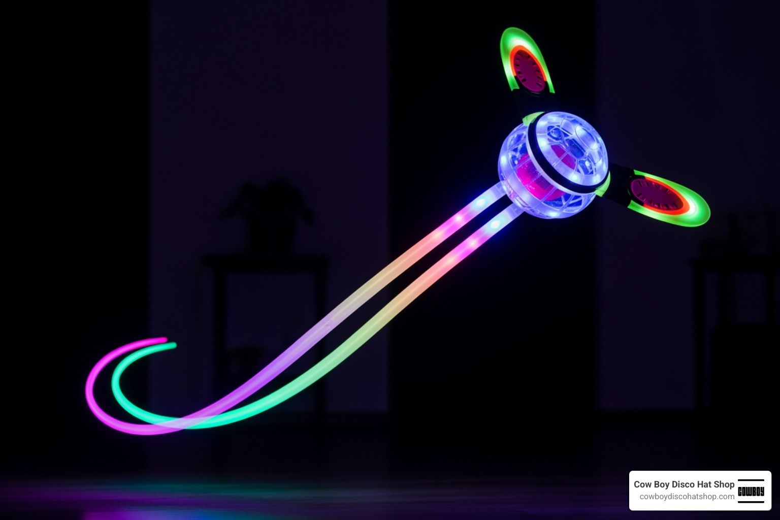 OKPOW Cosmic Fly Ball glowing with neon LED lights as it hovers in a dark room