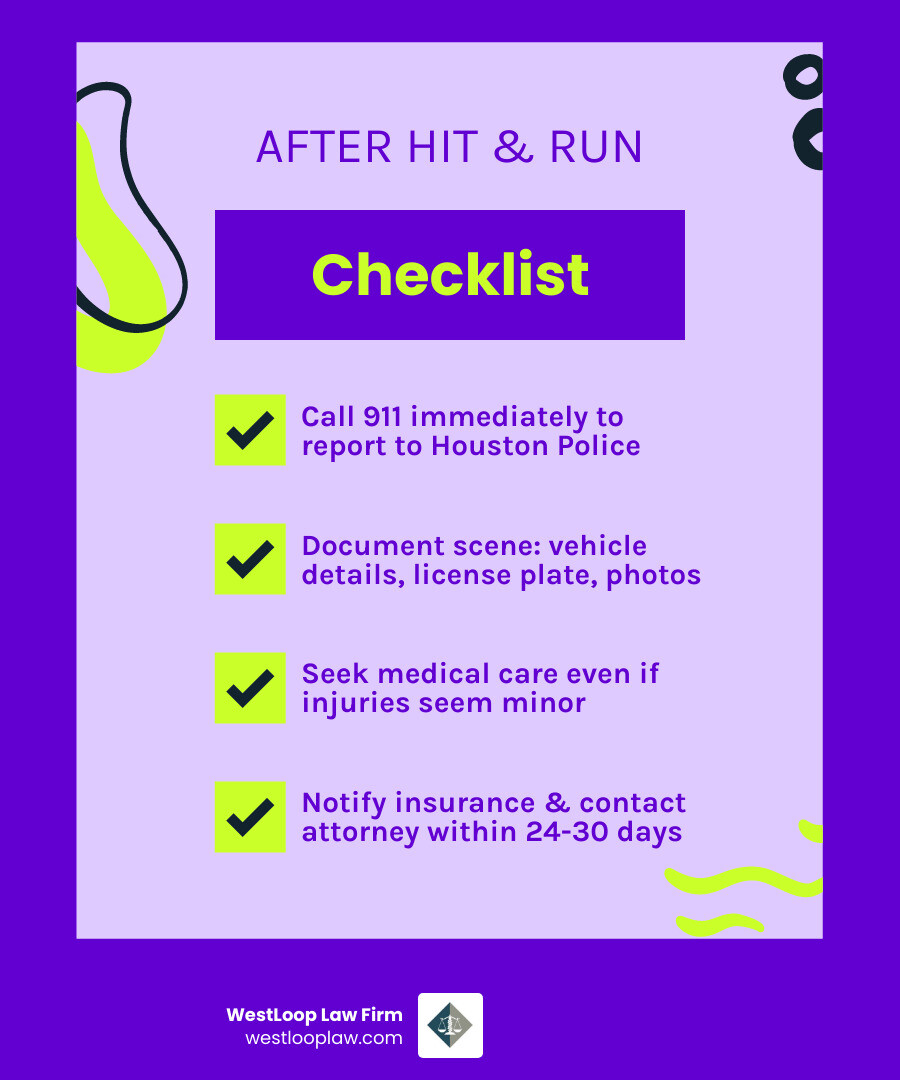 Steps to take after a hit and run in Houston: call 911, document scene, seek medical care, notify insurance, contact Steps to take after a hit and run in Houston: call 911, document scene, seek medical care, notify insurance, contact