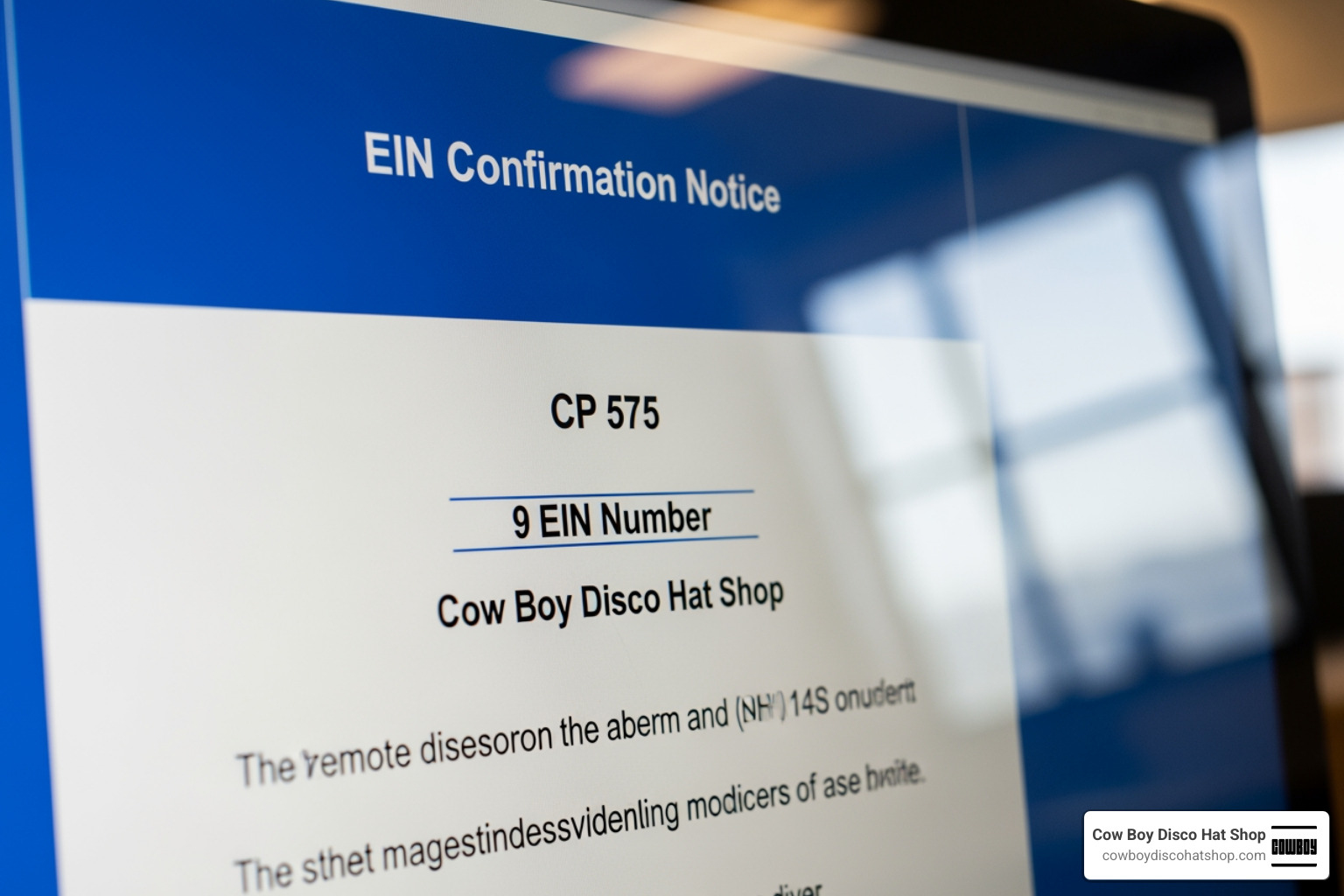 A digital EIN confirmation notice (CP 575) showing the nine-digit number and business name