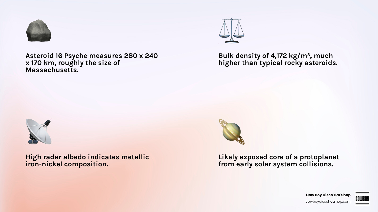Table comparing Psyche's dimensions and density to other asteroids like Ceres and Vesta infographic