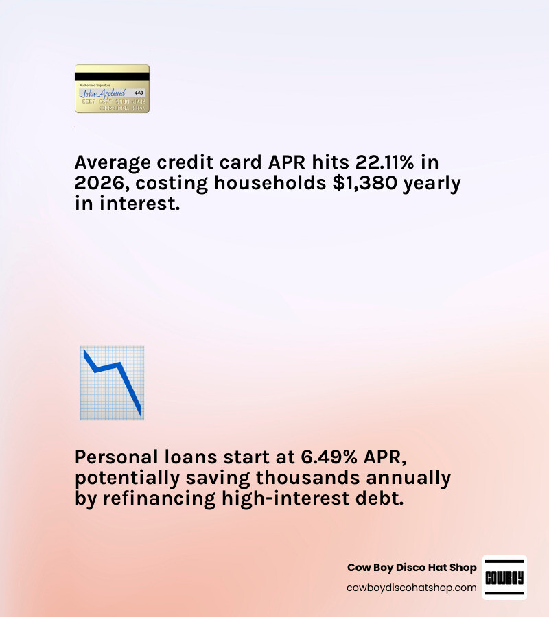 Comparison infographic: high-interest credit card debt vs. refinanced personal loan monthly cost 2026 infographic