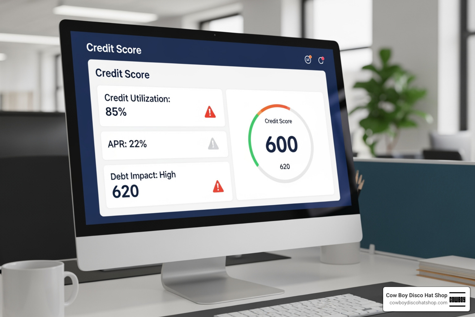 Credit score dashboard showing high utilization and APR impact