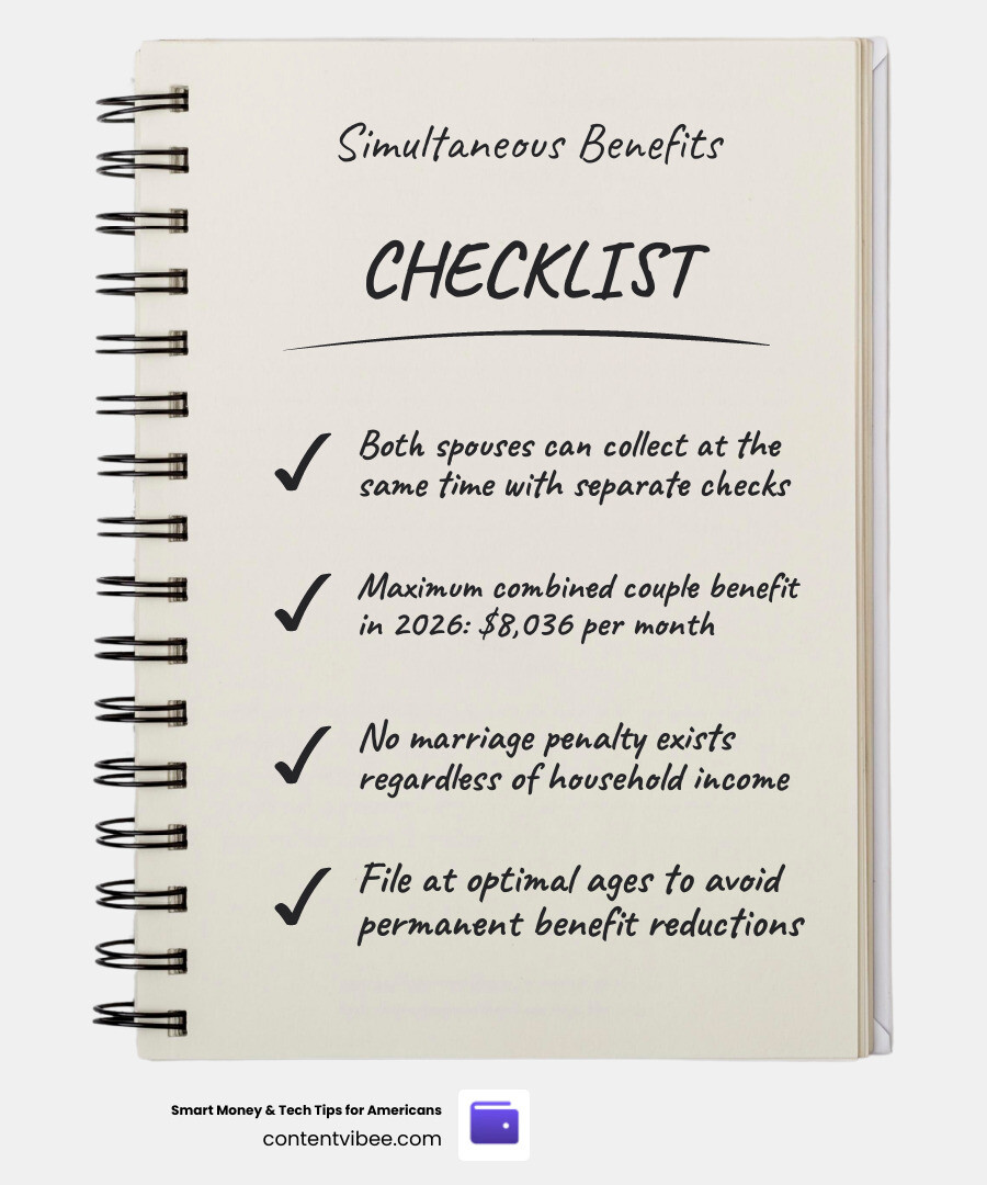 Infographic showing how both spouses can collect Social Security simultaneously, benefit amounts, and key rules infographic
