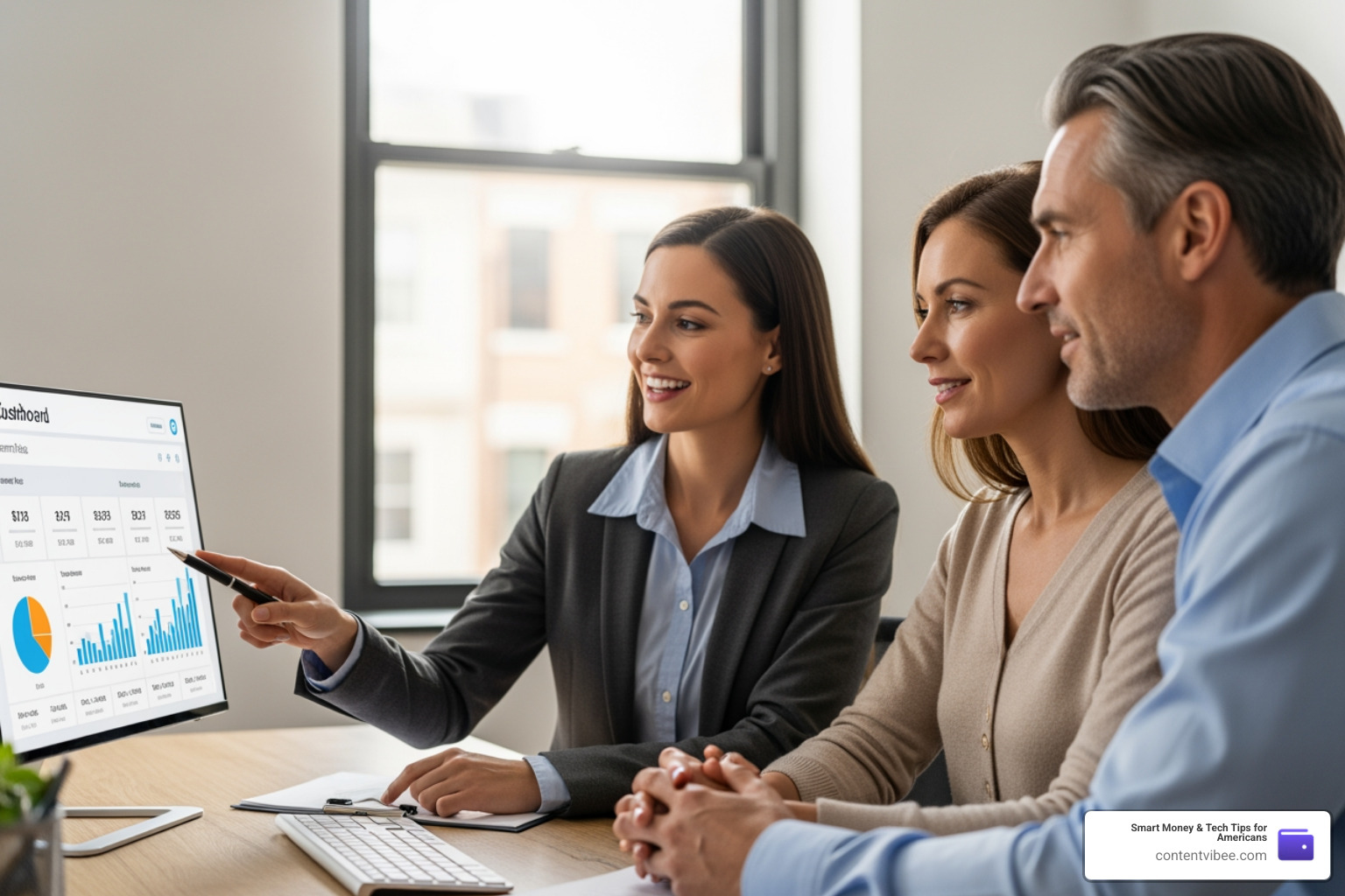 Financial advisor sitting with a couple explaining a digital dashboard of their investment fees
