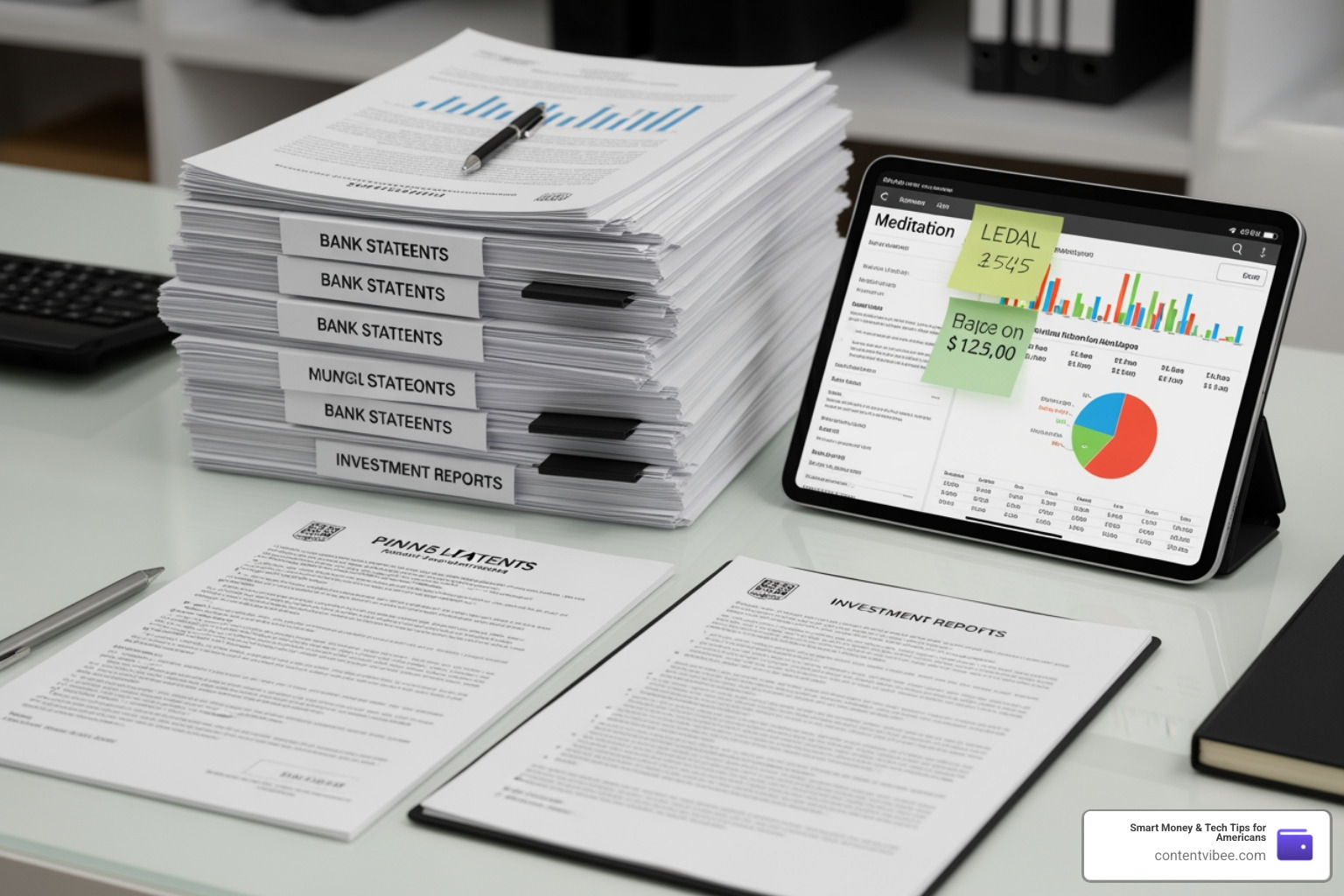 organized financial documents and a digital tablet for mediation preparation