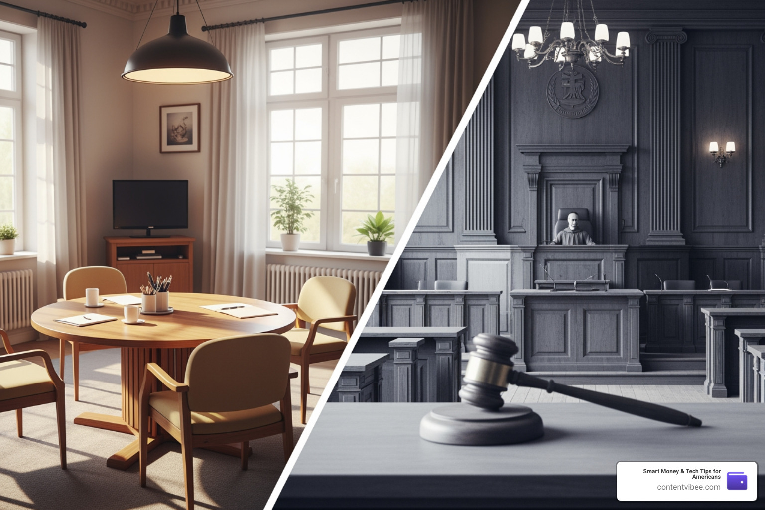 comparison of a peaceful mediation conference room versus a stressful courtroom