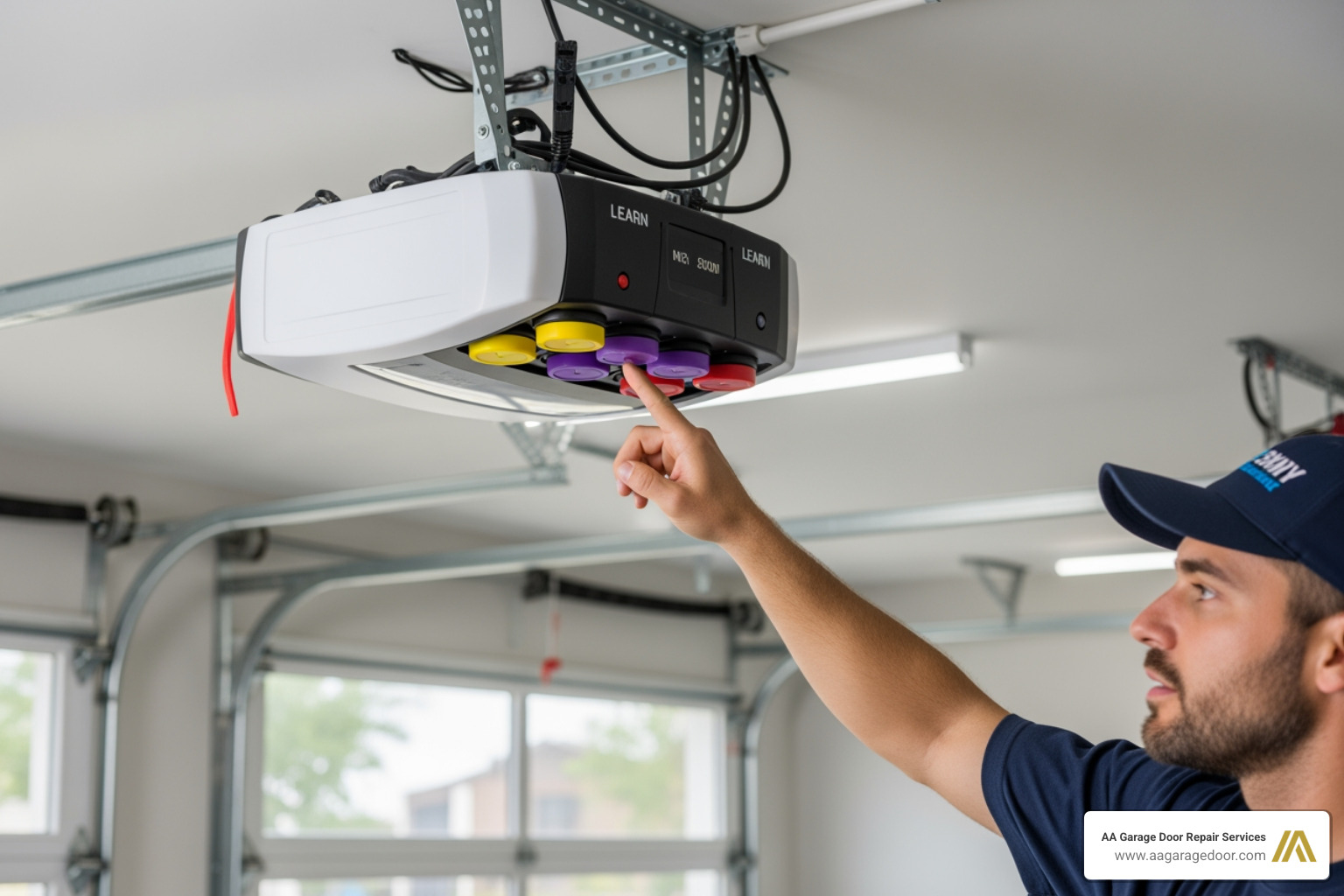 A technician pointing to different colored Learn buttons on a garage door motor unit A technician pointing to different colored Learn buttons on a garage door motor unit