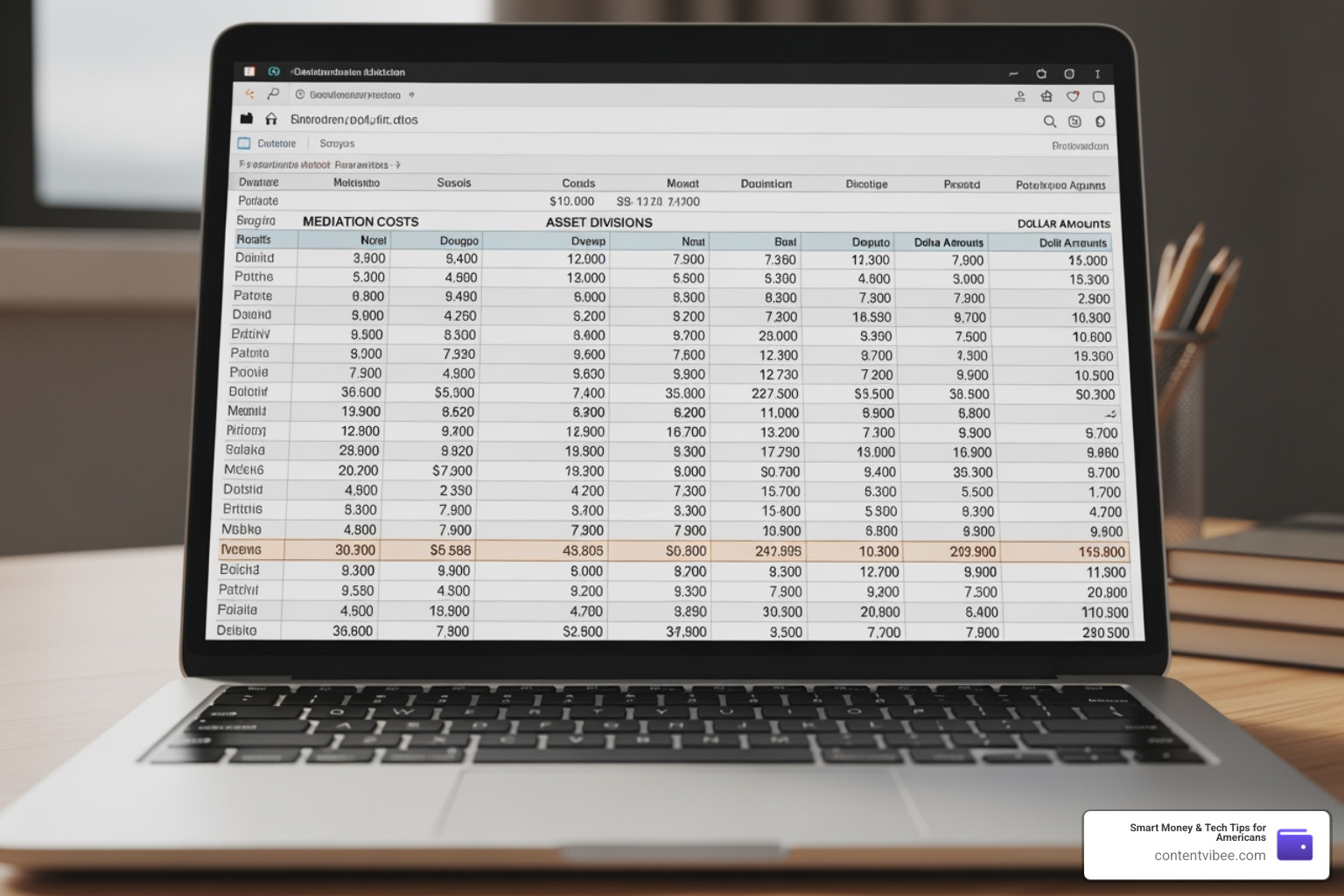 financial spreadsheet showing various mediation costs and asset divisions financial spreadsheet showing various mediation costs and asset divisions