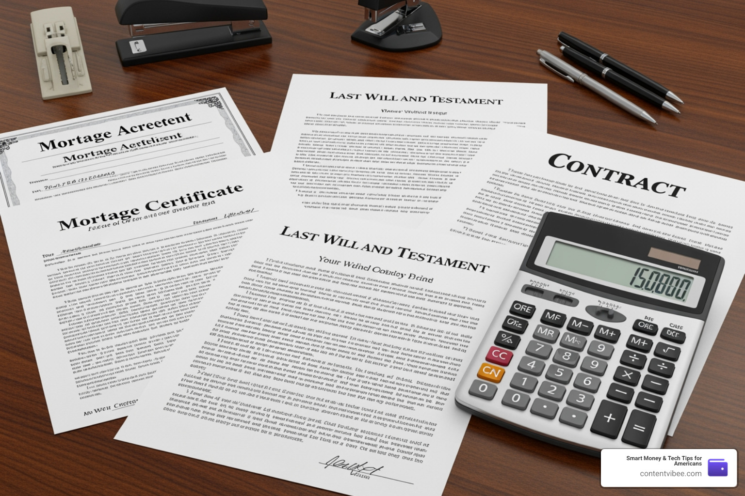 financial calculator and legal documents on a wooden desk