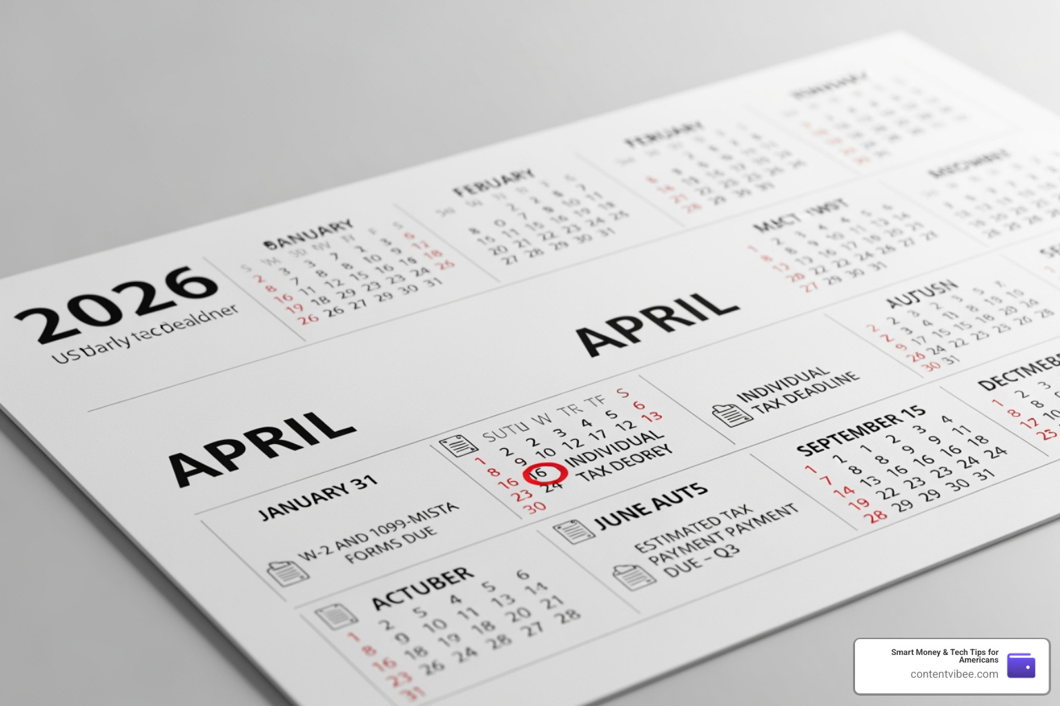 Calendar showing year 2026 with tax deadlines marked