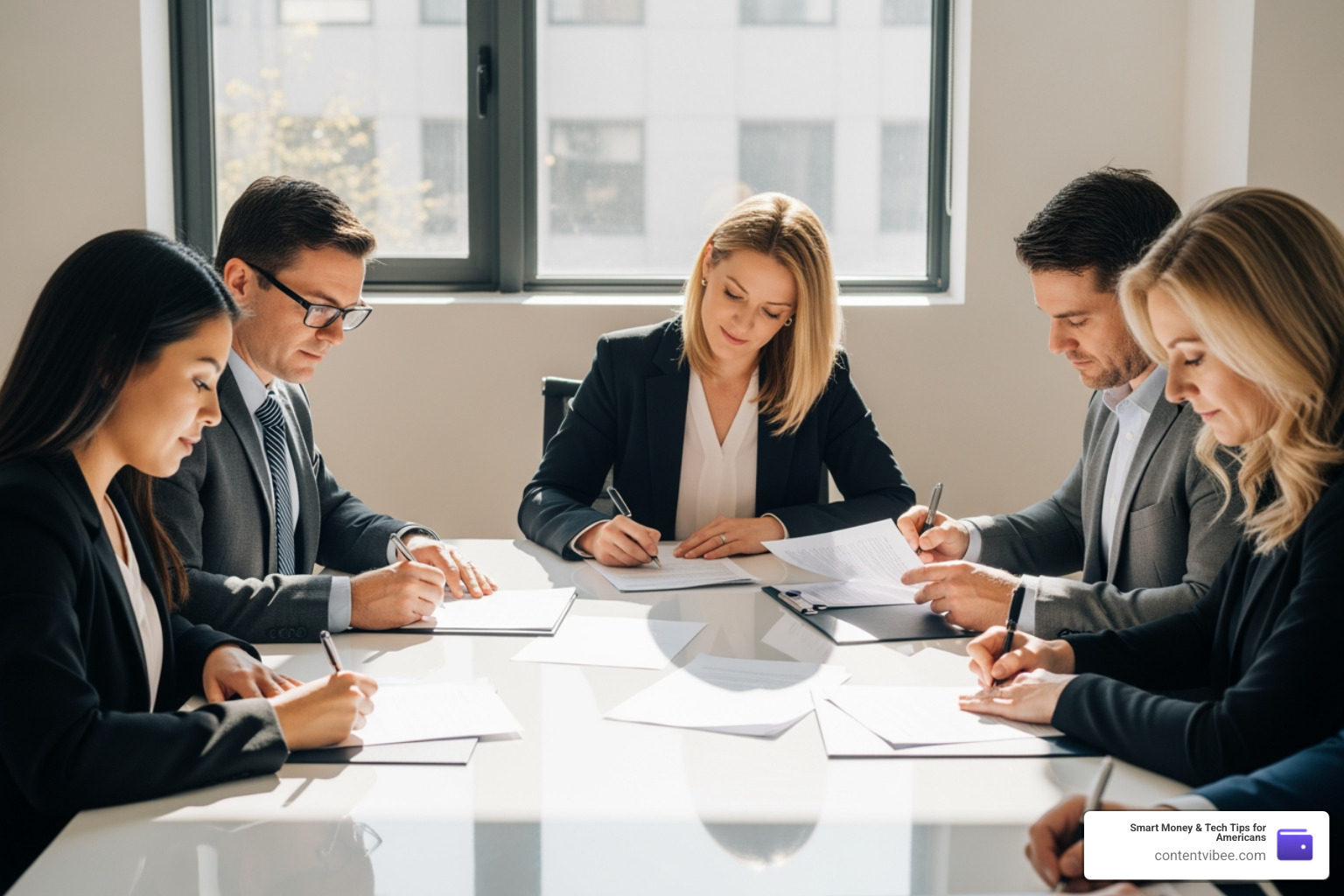 A professional residential real estate closing showing agents and clients signing documents A professional residential real estate closing showing agents and clients signing documents
