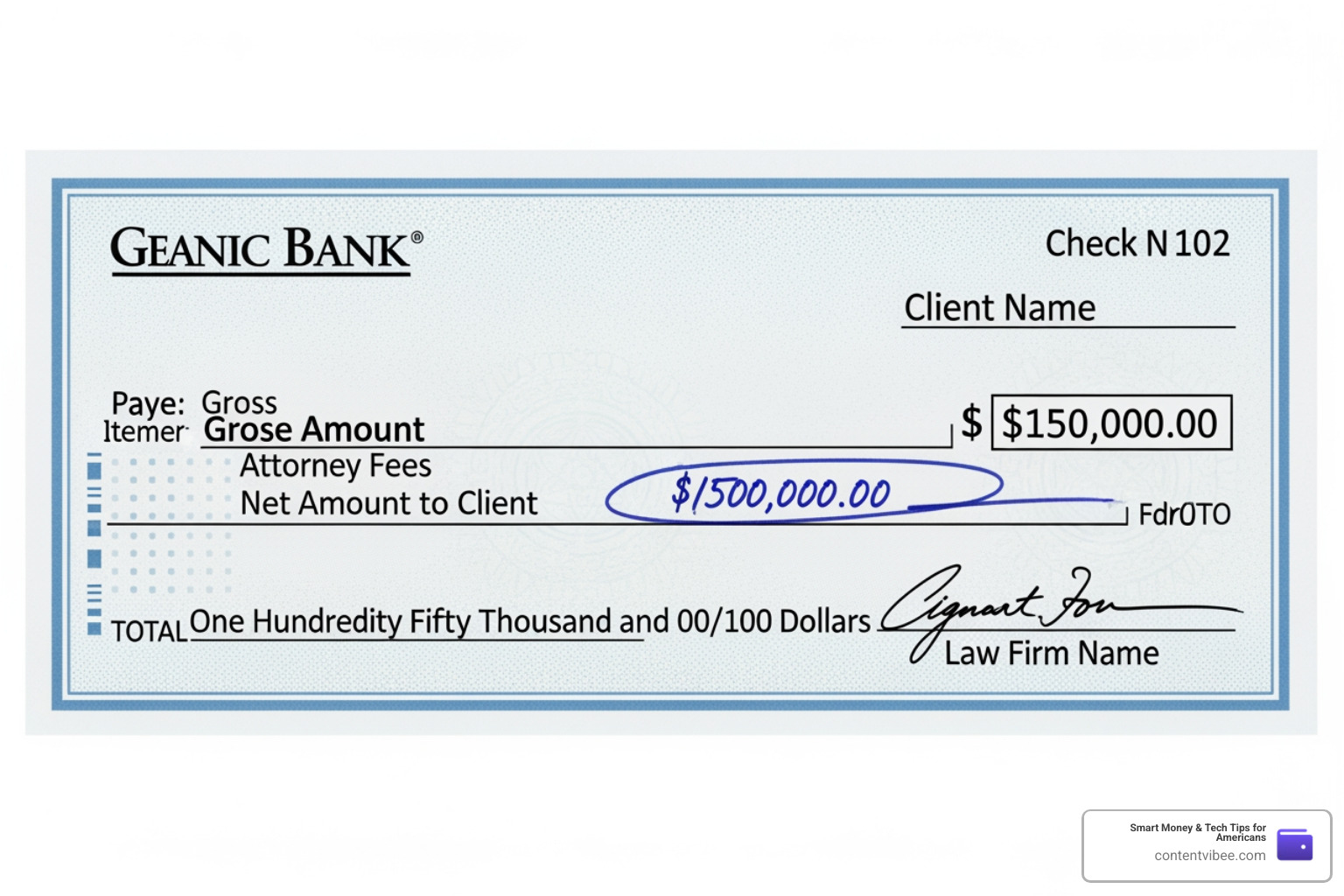 Settlement check breakdown showing gross amount, attorney fees, and net to client