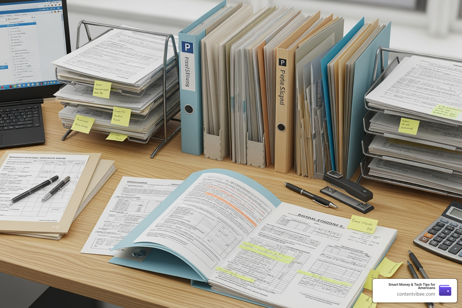 Medical records and filing folders on a desk