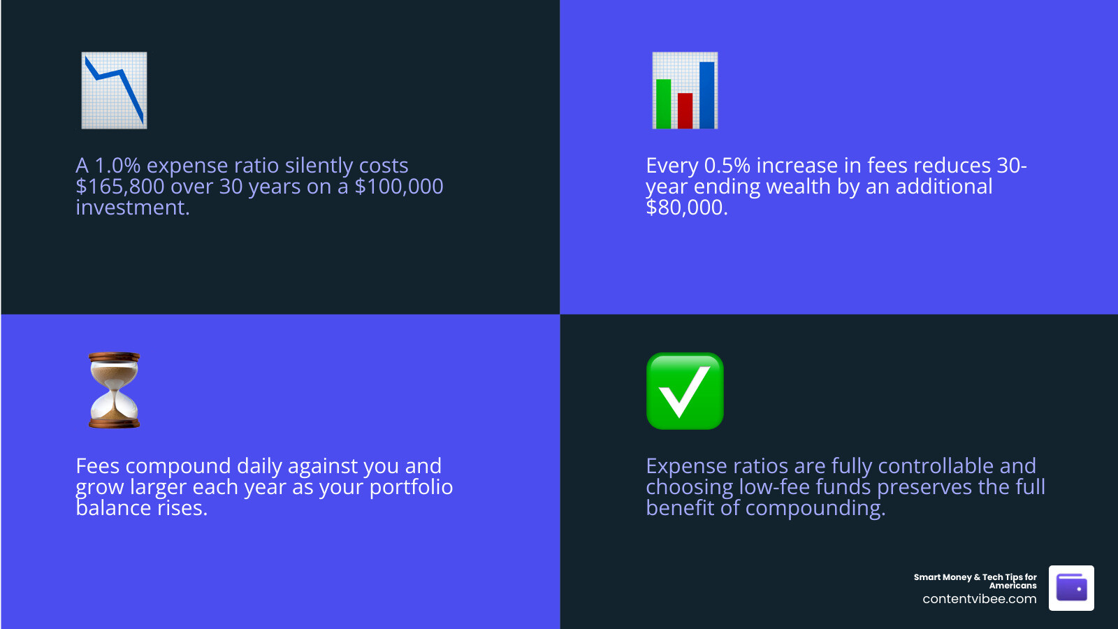 Infographic showing 30-year wealth gap between 0.1% and 1.0% expense ratios on a $100,000 investment infographic