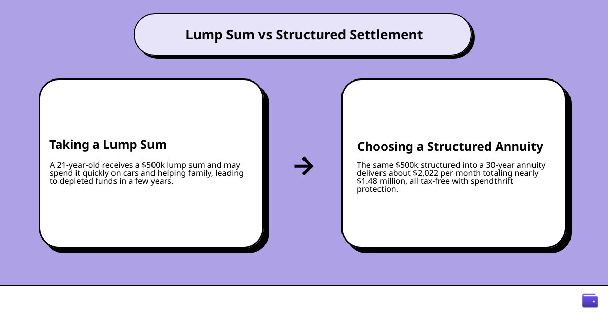 Comparing a lump sum versus a structured settlement payout over 30 years infographic infographic