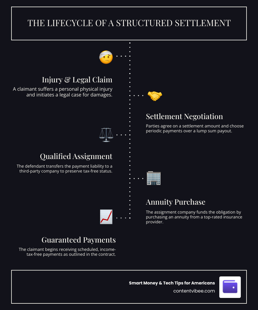 Lifecycle of a structured settlement from injury to guaranteed periodic payments infographic infographic