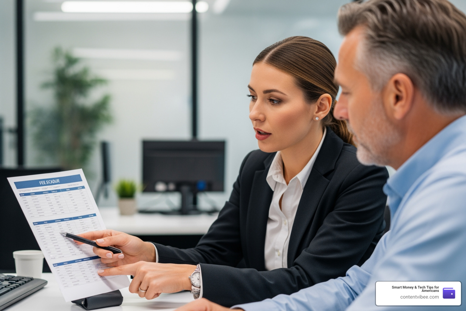 Financial advisor explaining a fee schedule to a client