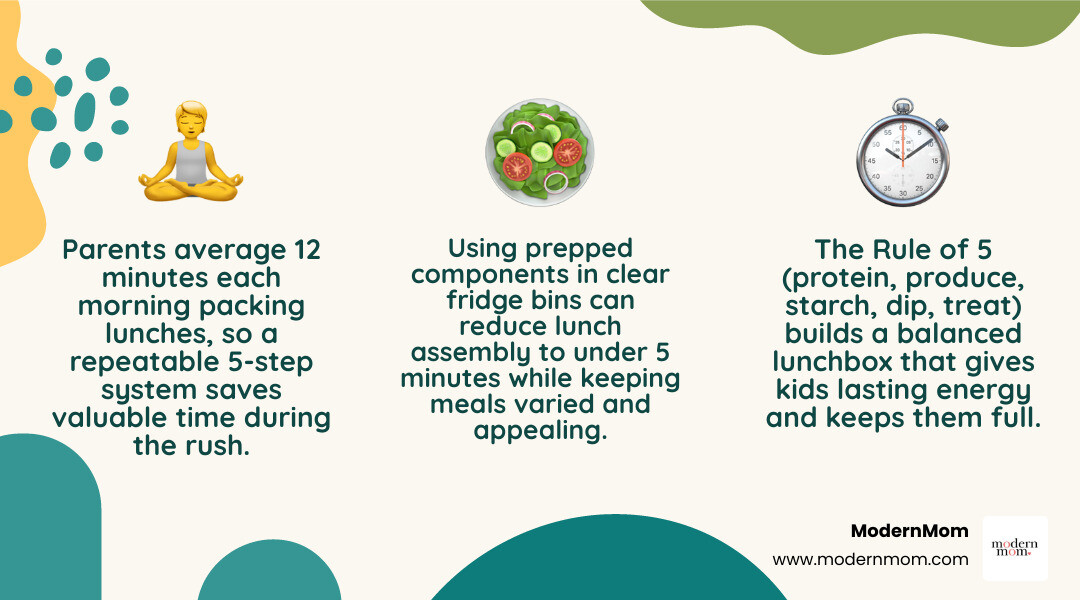 Infographic showing the Rule of 5 balanced lunchbox builder: protein, produce, starch, dip, and treat infographic