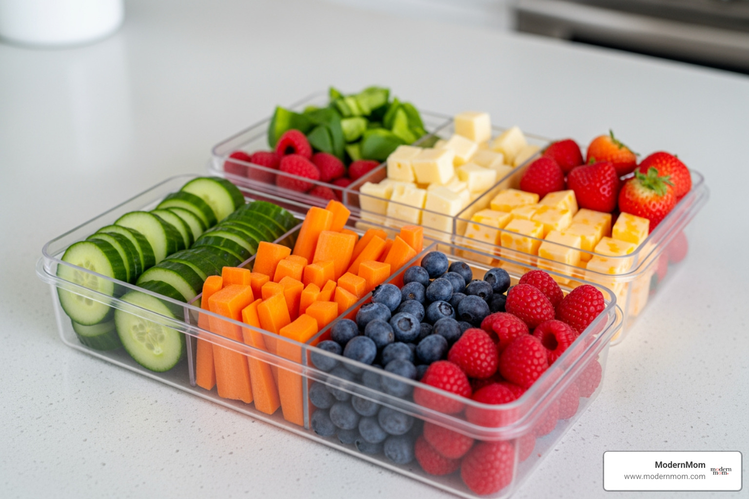 Prepped lunch components like sliced veggies, cheese cubes, and berries in clear fridge bins