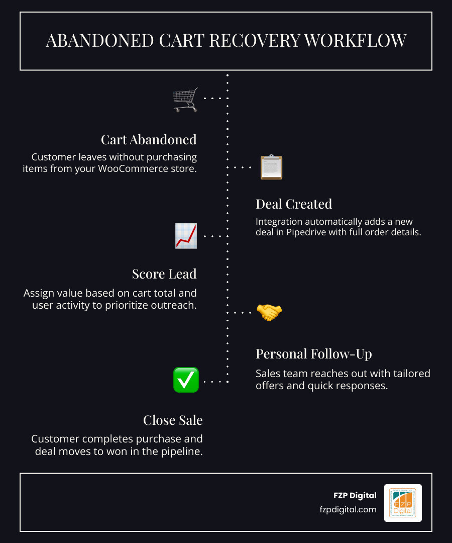 "Infographic Infographic showing the abandoned cart recovery process: Cart abandoned > Deal created in Pipedrive > Automated follow-up