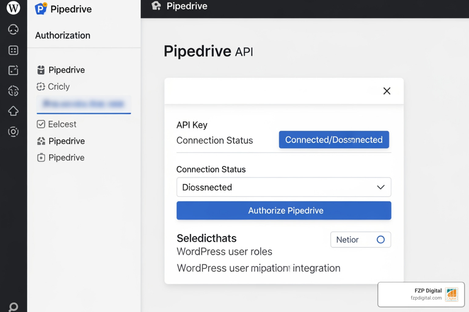 A WordPress dashboard screenshot showing the Pipedrive API authorization settings A WordPress dashboard screenshot showing the Pipedrive API authorization settings