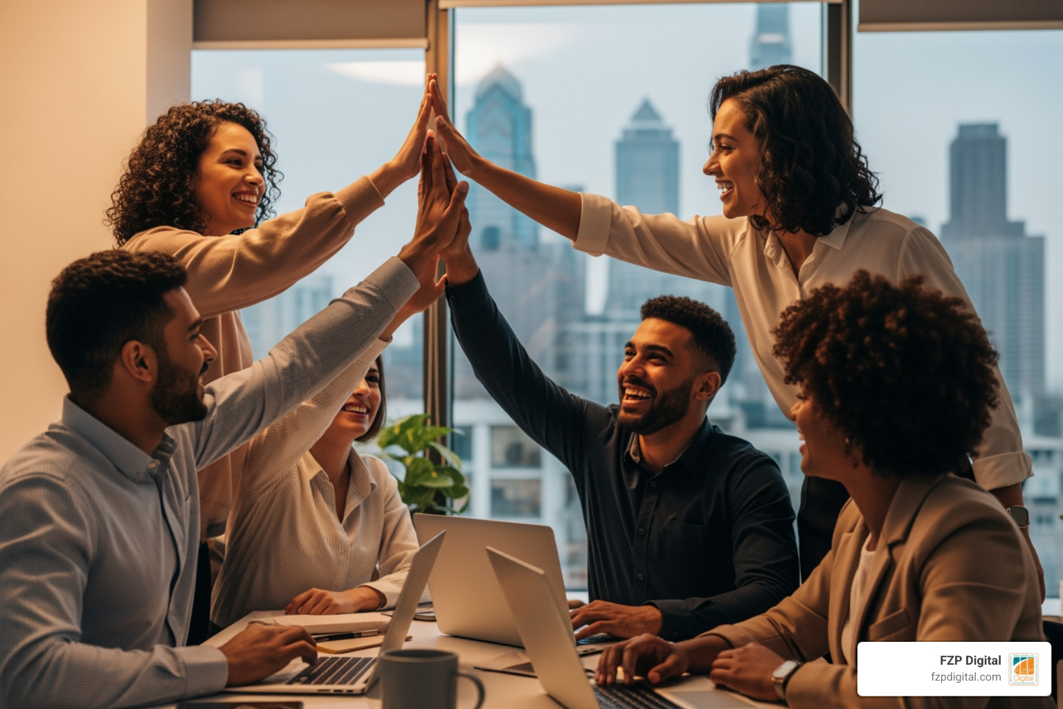 A happy sales team in Philadelphia celebrating a closed deal thanks to a streamlined sales pipeline A happy sales team in Philadelphia celebrating a closed deal thanks to a streamlined sales pipeline