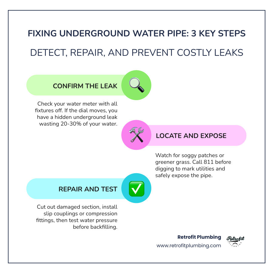Infographic showing 20-30% water loss from underground leaks, key warning signs, and step-by-step repair overview infographic