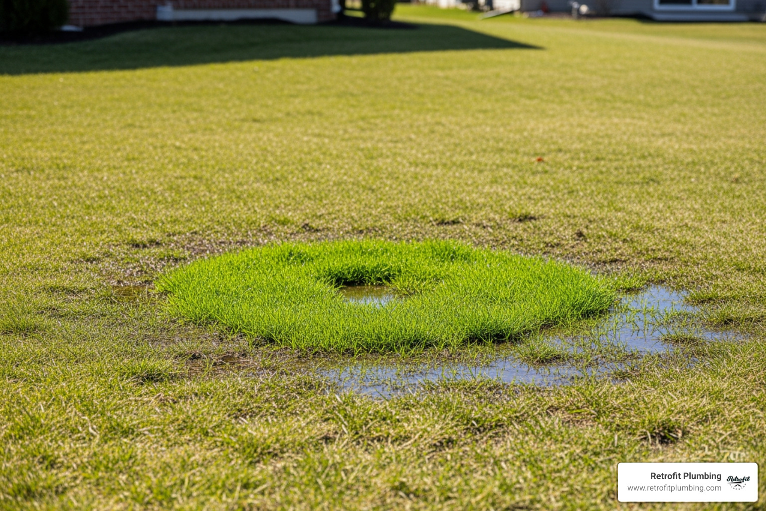 A soggy, unnaturally bright green patch of grass in a Renton Highlands backyard indicating a subsurface leak