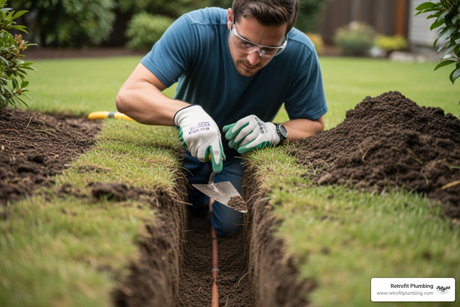A homeowner in Bellevue carefully excavating a trench around a water line, wearing safety gear and using a hand trowel for